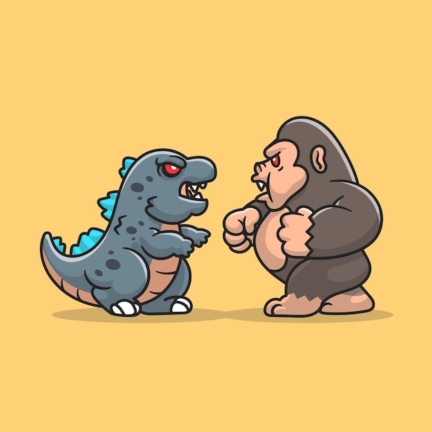 Cute Godzilla Fight Kong Cartoon Icon Illustration.