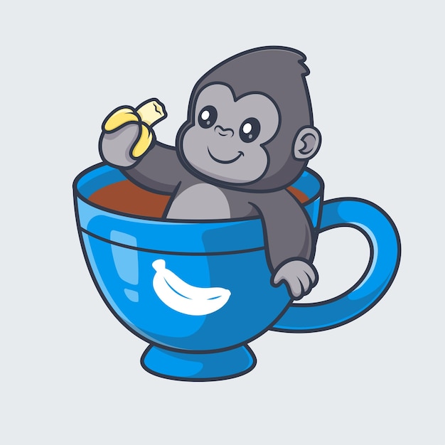 Free Vector cute gorilla holding banana in coffee cartoon vector icon illustration animal drink isolated flat