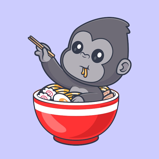 Free Vector cute gorilla in ramen noodle with chopstick cartoon vector icon illustration animal food isolated