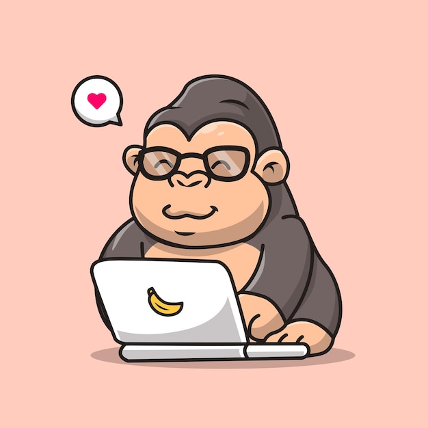 Cute Gorilla Working On Laptop Cartoon Vector Icon Illustration. Animal Technology Icon Isolated