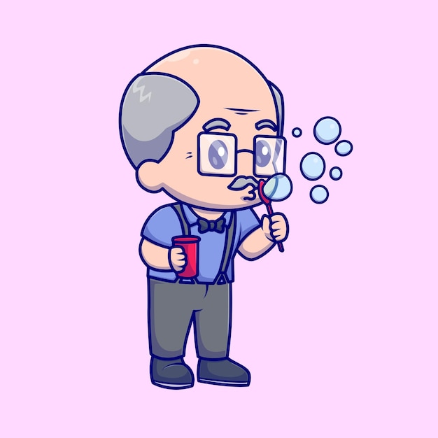 Cute Grandfather Blowing Bubble Cartoon Vector Icon Illustration. People Nature Icon Isolated