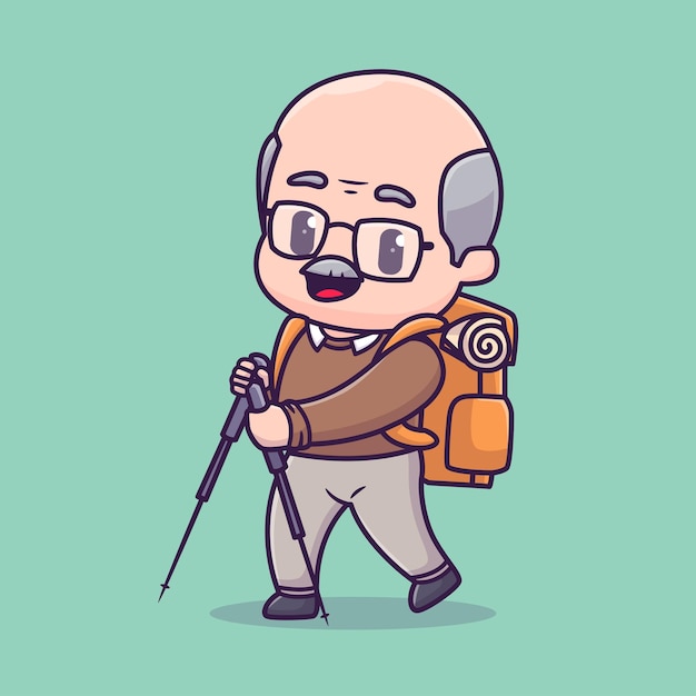 Free vector cute grandfather hiking with backpack cartoon vector icon illustration people nature icon isolated