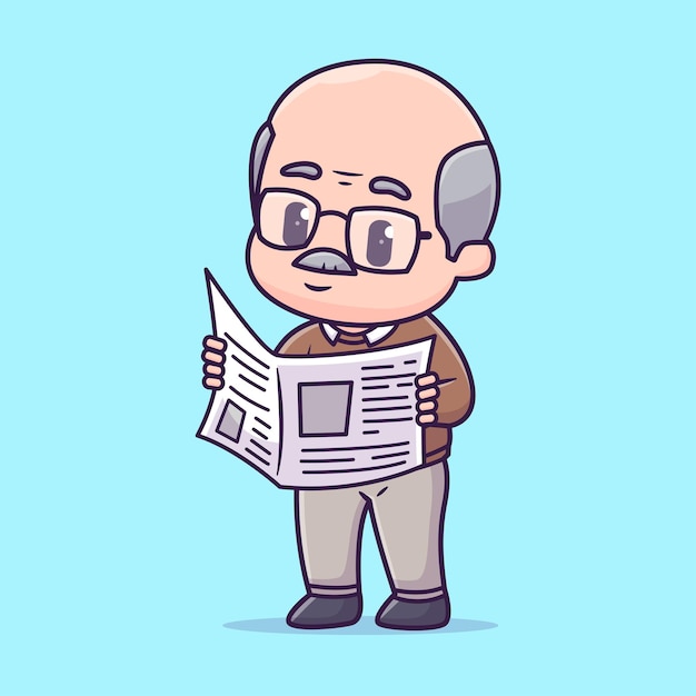 Free vector cute grandfather reading newspaper cartoon vector icon illustration people education isolated flat