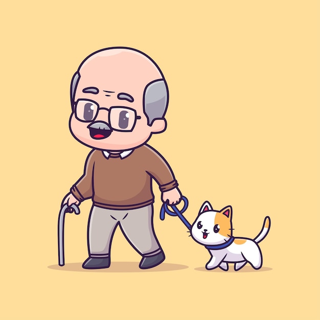 Free vector cute grandfather walking with pet cat cartoon vector icon illustration people animal isolated flat