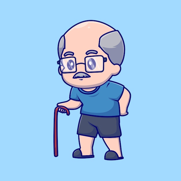 Cute Grandfather with Cane Stick Cartoon Vector Icon Illustration. People Nature Icon Isolated Flat