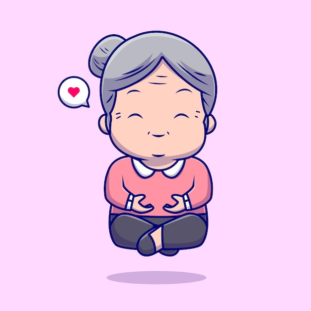 Cute Grandmother Meditation Yoga Cartoon Vector Icon Illustration. People Sport Icon Isolated Flat