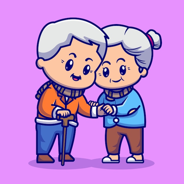 Cute Grandparents Couple Love Cartoon Vector Icon Illustration. People Love Icon Concept Isolated Premium Vectors. Flat Cartoon Style