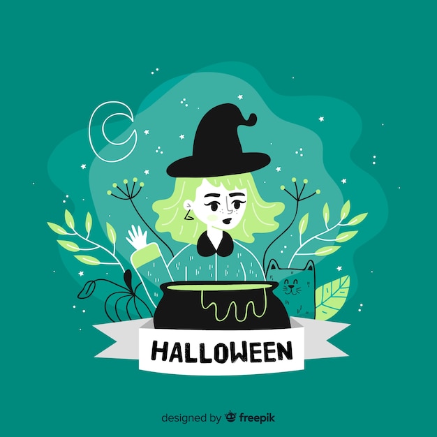 Cute green hand drawn halloween witch background