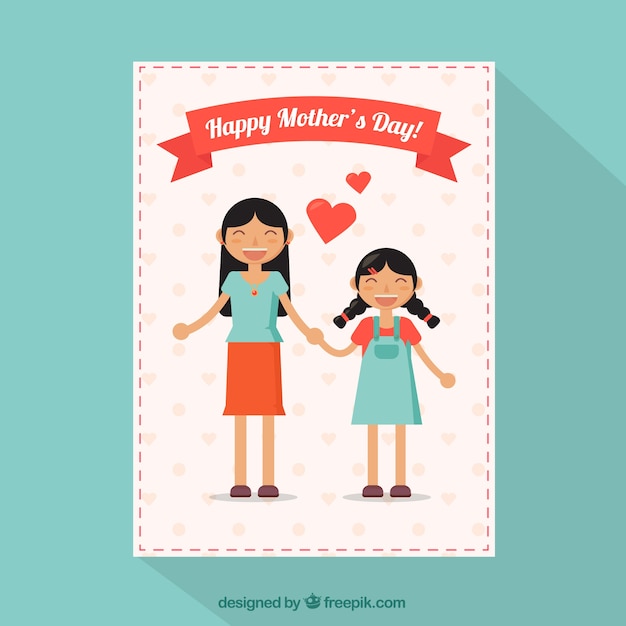 Cute greeting card with mother and daughter smiling