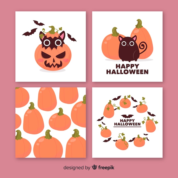 Free Vector cute halloween animals and pumpkin card collection