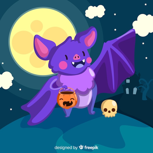 Cute halloween bat holding a pumpkin bag