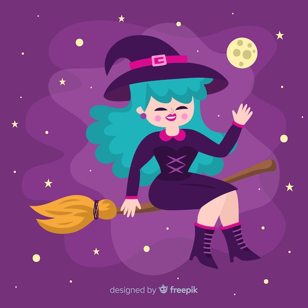 Cute halloween witch on broom