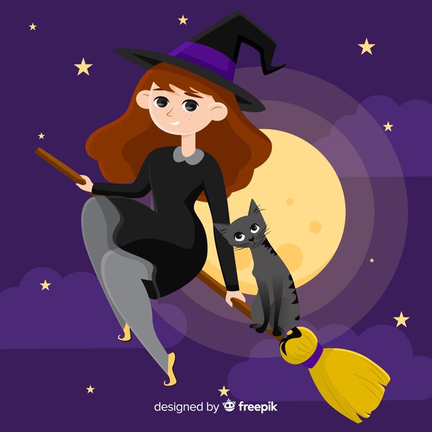 Cute halloween witch on broom