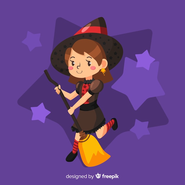 Free Vector cute halloween witch on broom