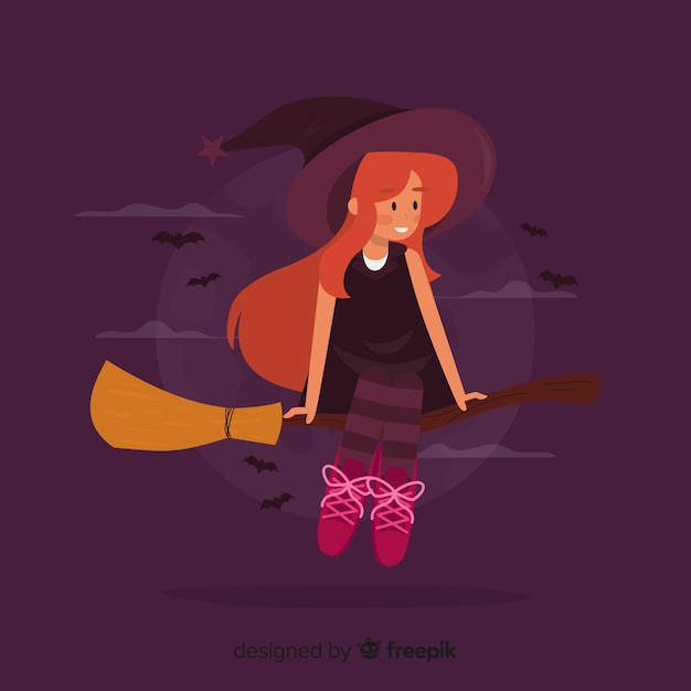 Free Vector cute halloween witch on broom