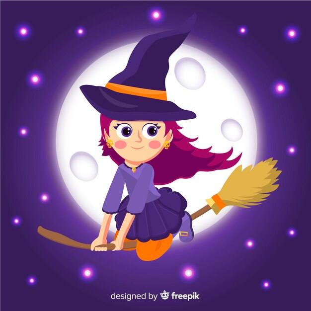 Cute halloween witch flying in a starry night