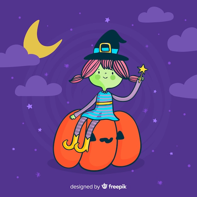 Free Vector cute halloween witch on a pumpkin