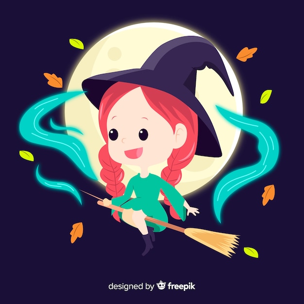 Free Vector cute halloween witch with a broom