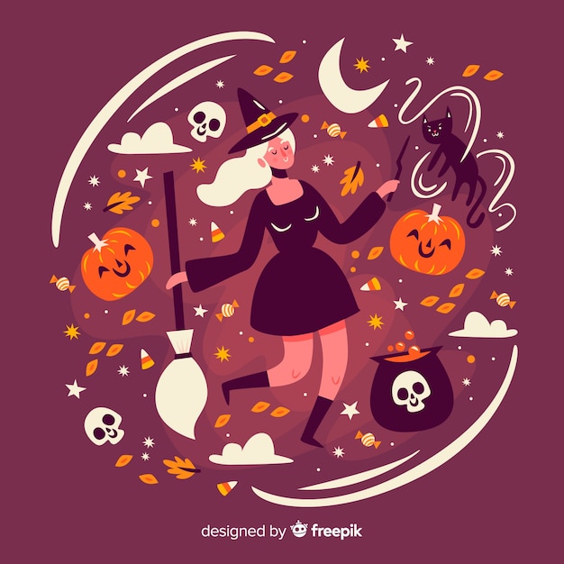 Free Vector cute halloween witch with a broom