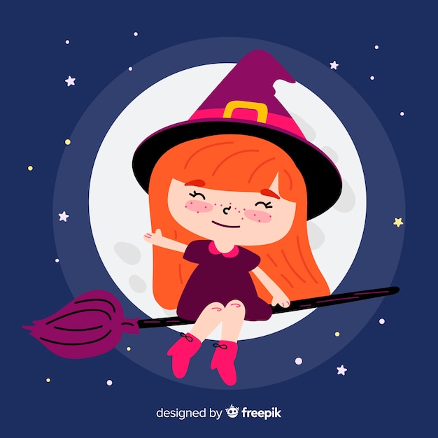 Cute halloween witch with full moon