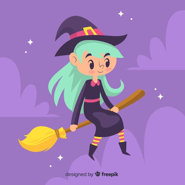 Cute halloween witch with long hair resting on her broom