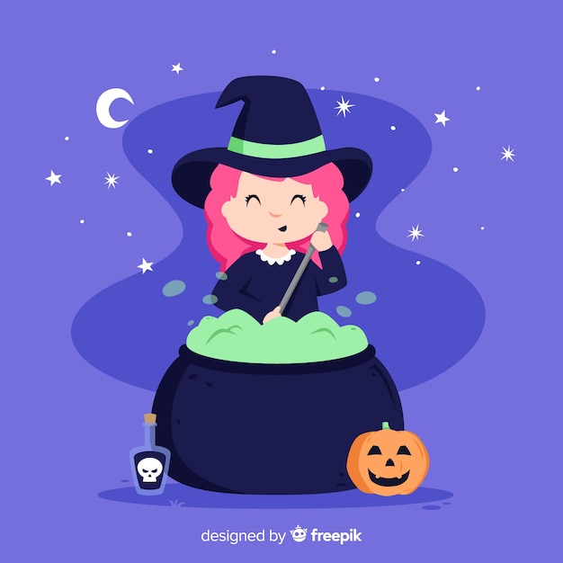 Cute halloween witch with a pot