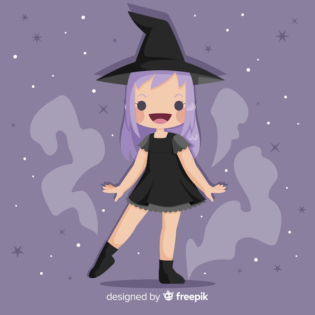 Cute halloween witch with violet hair