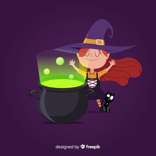 Free Vector cute halloween witch with witch pot