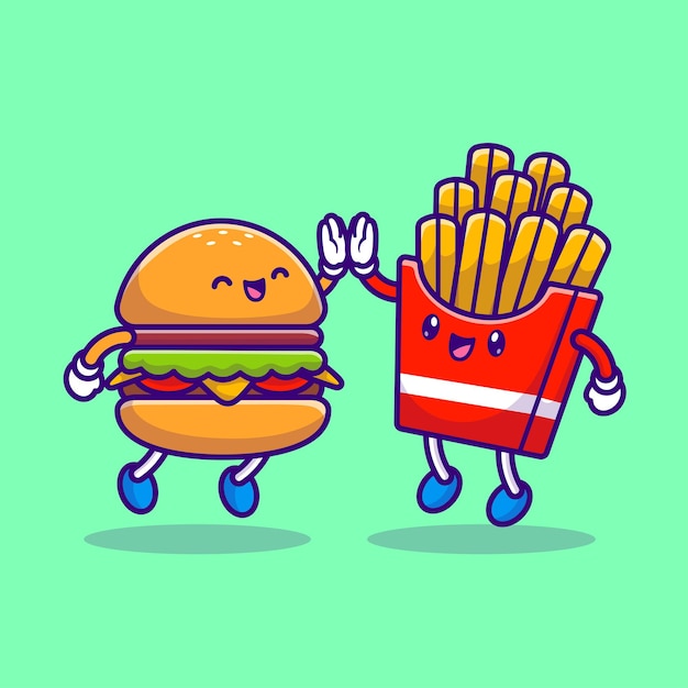 Cute Hamburger High Five With french fries Cartoon Vector Icon Illustration Food Friend Isolated