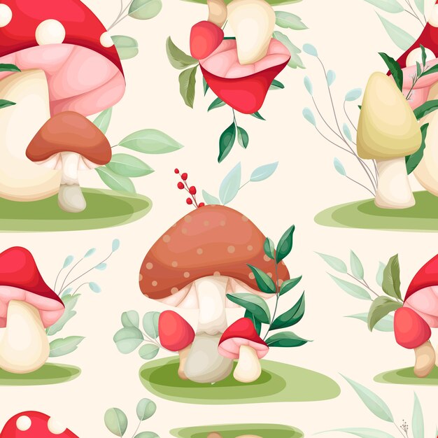 cute hand drawing mushroom and leaves seamless pattern design