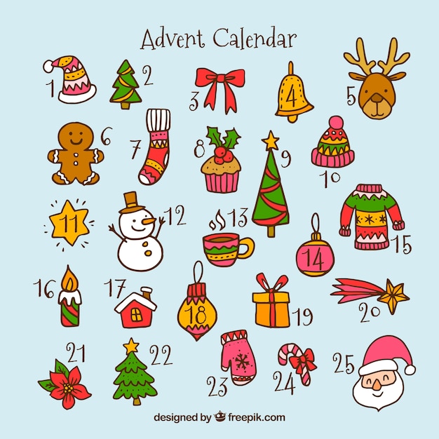 Cute hand drawn advent calendar on a blue background