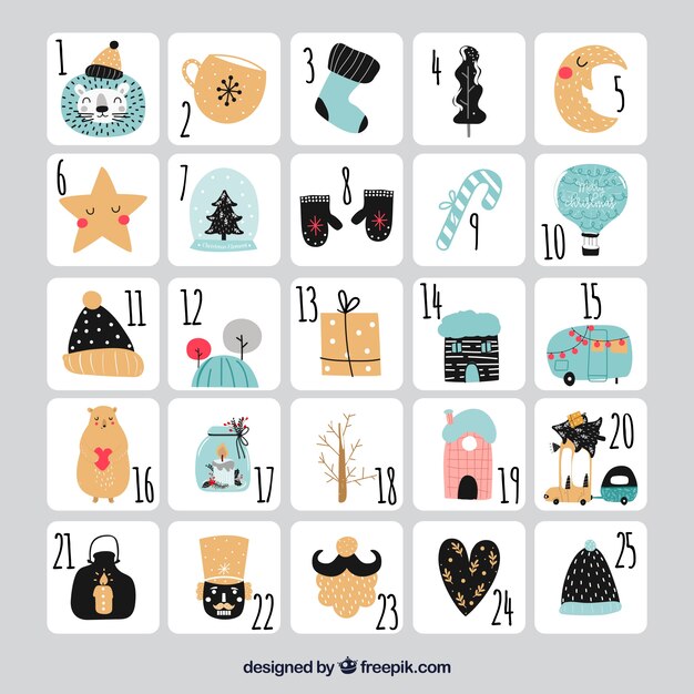 Cute hand drawn advent calendar on a grey background