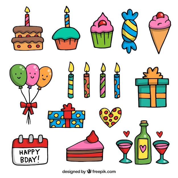 Cute hand drawn birthday party elements