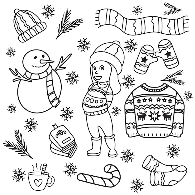 Cute hand-drawn christmas pattern with different elements