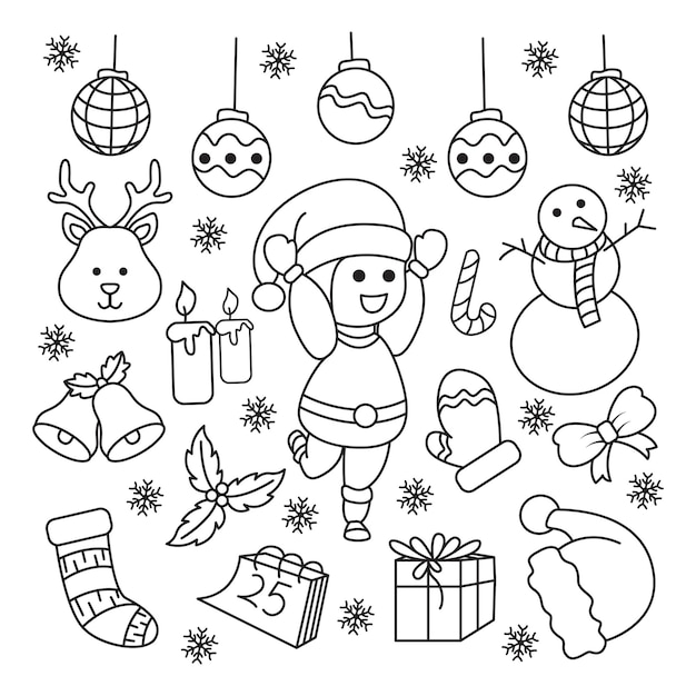 Cute hand-drawn christmas pattern with different elements