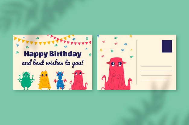 Cute hand drawn monsters birthday postcard template