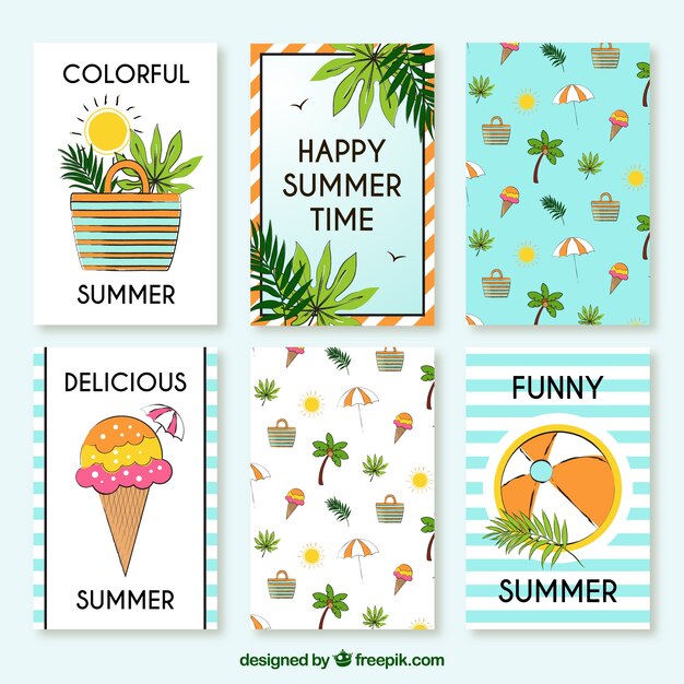 Cute hand drawn summer cards with elements