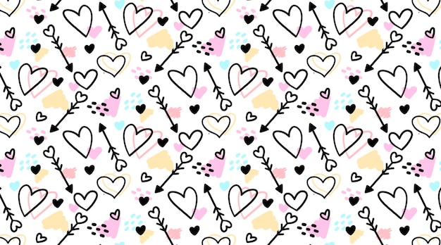 Cute handdrawn seamless pattern with doodled hearts and arrows