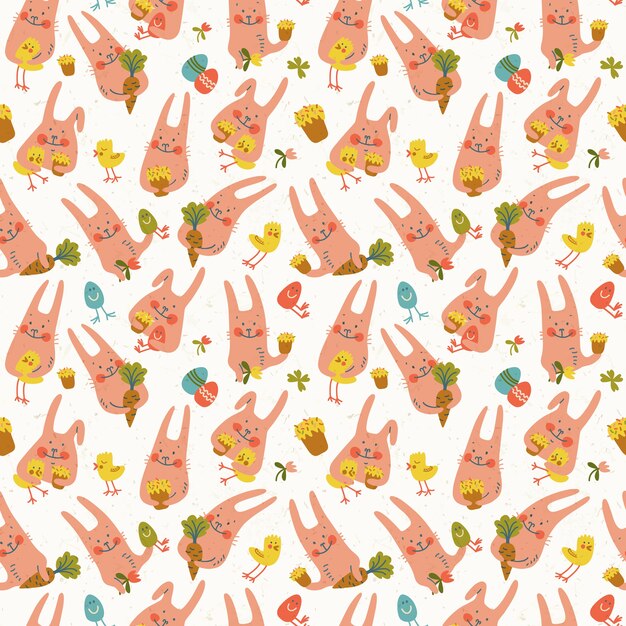 Cute happy easter rabbits with chickens flowers eggs and carrots seamless pattern doodle