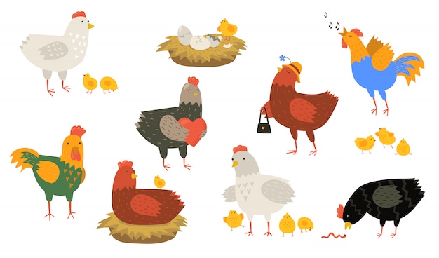 Cute hens and roosters set