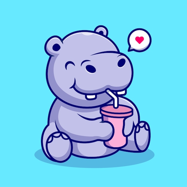 Cute Hippo Drinking Cartoon Vector Icon Illustration Animal Drink Icon Concept Isolated Premium