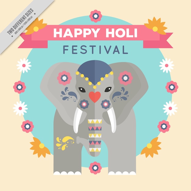 Free Vector cute holi festival background with elephant and floral decoration