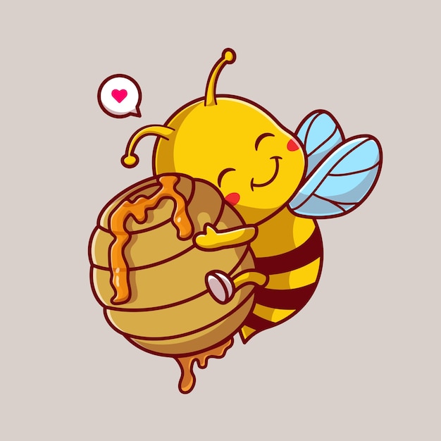 Cute Honey Bee Hug Honeycomb Cartoon Vector Icon Illustration. Animal Nature Icon Concept Isolated