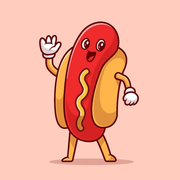 Cute Hotdog Waving Hand Cartoon Vector Icon Illustration Food Object Icon Concept Isolated Premium