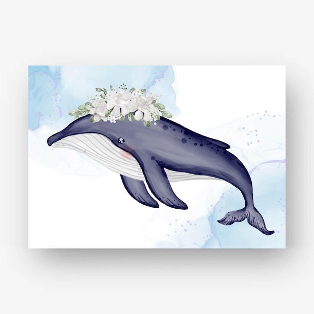 Cute Humpback whale with flower white watercolor illustration