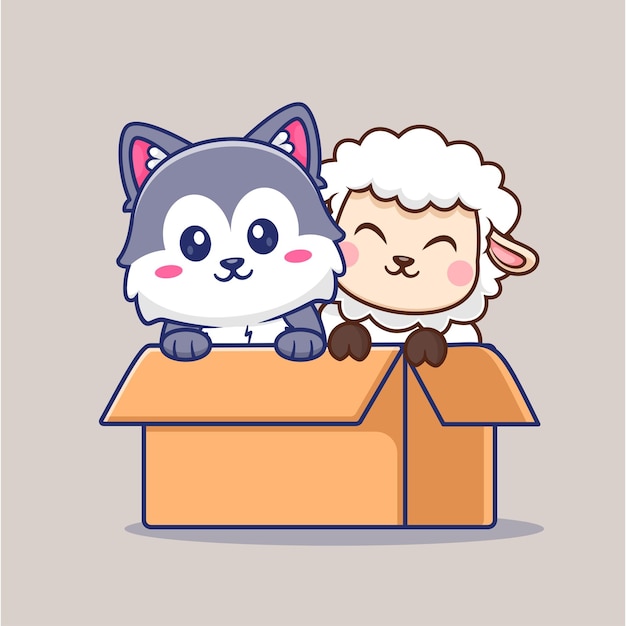 Free vector cute husky dog and sheep playing in box cardboard cartoon vector icon illustration animal nature