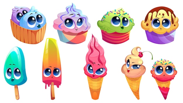 Cute ice cream characters with funny faces