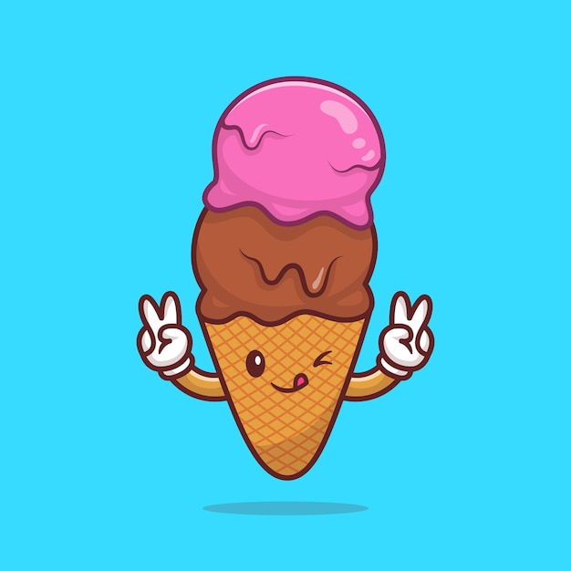 Cute Ice Cream Cone Cartoon Vector Icon Illustration. Food Beverage Icon Concept Isolated Premium Vector. Flat Cartoon Style