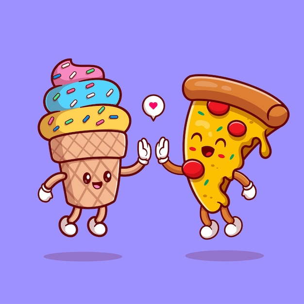 Free Vector cute ice cream cone high five with pizza cartoon vector icon illustration food friend isolated flat