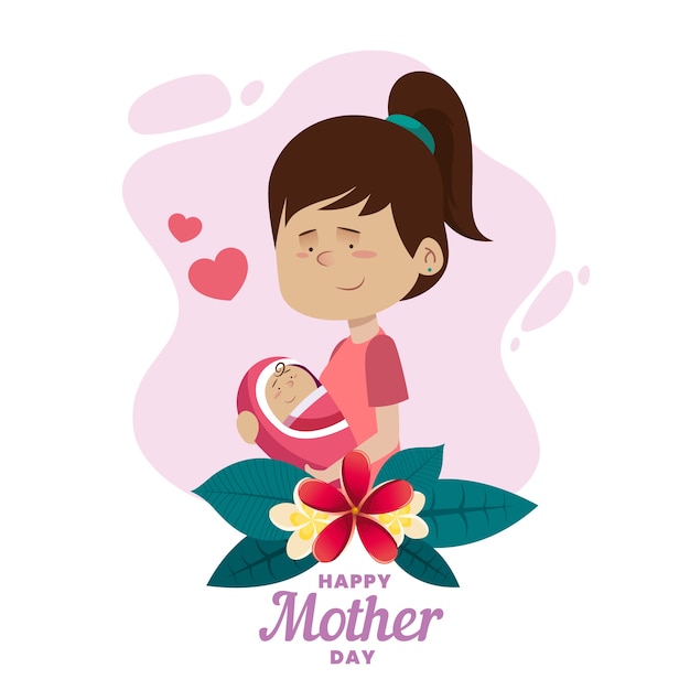 Cute illustration of mother holding her kid